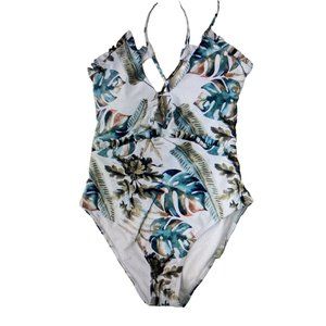 NWT  Chic Wish LACE-UP BACK TROPICAL PALM RUFFLE SWIMSUIT Large